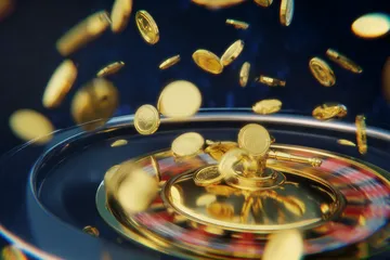 A glowing roulette wheel with cascading chips, symbolizing the engaging live and instant-win games available on RAJ123.